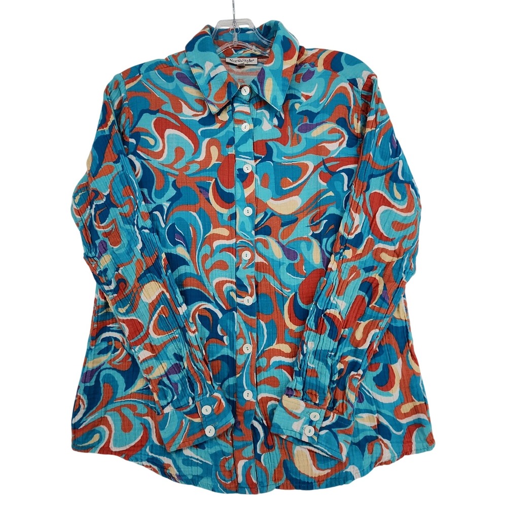 NorthStyle Size M Blue Orange Abstract Swirl Crinkle Cotton Gauze Boho Artsy Top